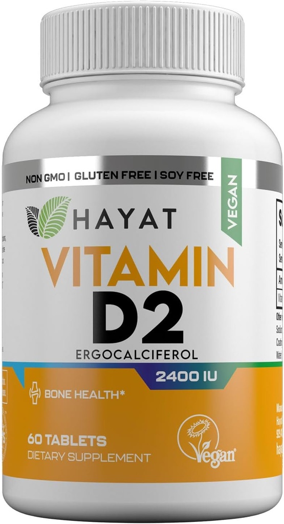 HAYAT-vitamiinit Vegaani D2 2400 IU (60 MCG), luun, hampaiden, lihasten ja immuunien terveystuen ravintolisä, 2 kuukauden tarjonta, kaikki luonnolliset, Certified Halal, 60 tablettia, valmistettu Yhdysvalloissa