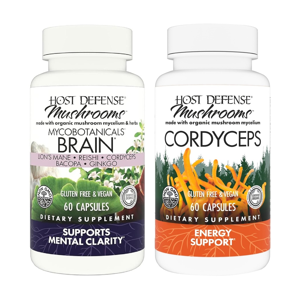 Host Defense Bundle MycoBotanicals Brain * Kapselit, 60 Count & Cordyceps Kapselit, 60 Count - Tukimuisti & Focus - Tuki Immuuniterveys ja energia *