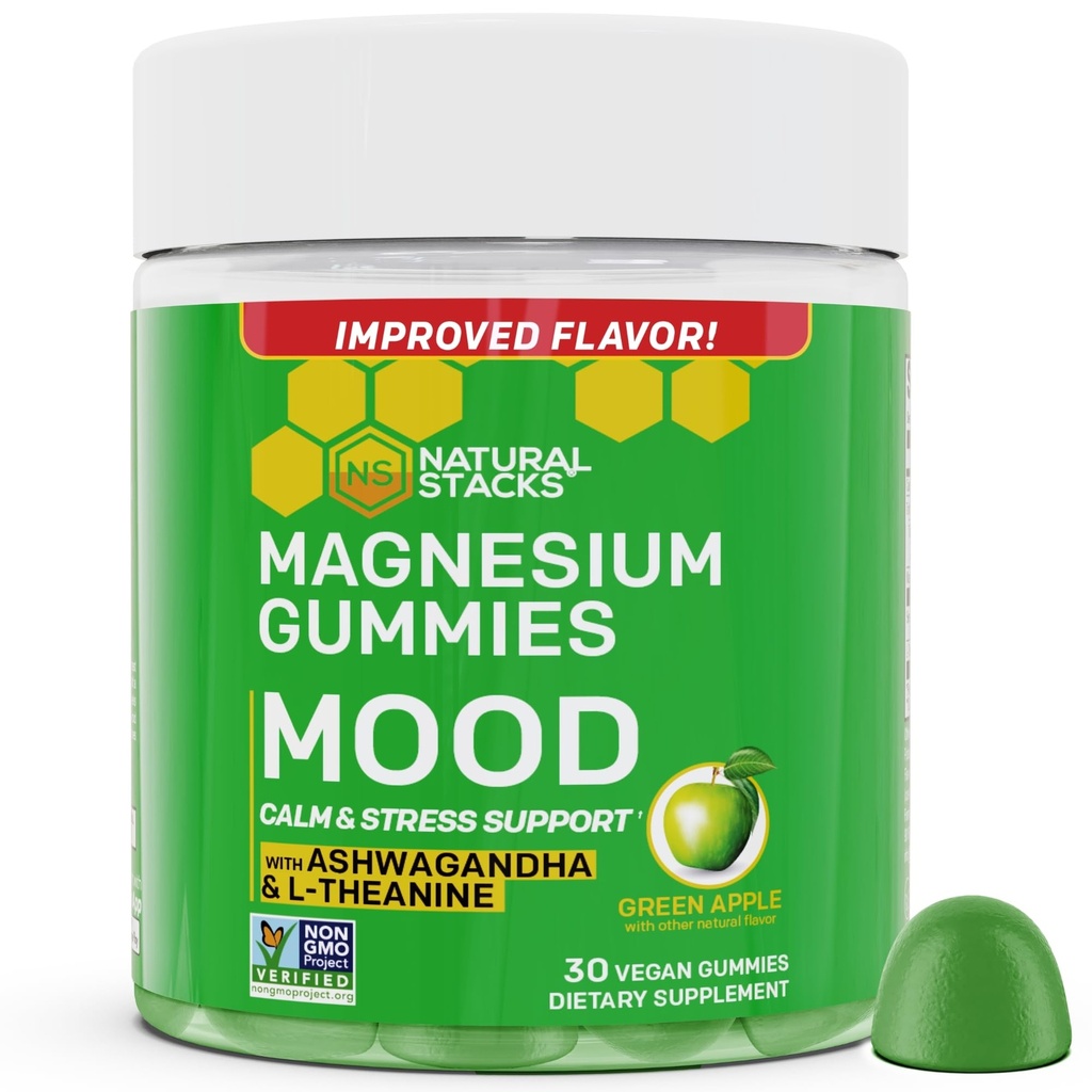 Mieliala Magnesium Gummies - 200mg Magnesium Citrate & 125 mg Sensoril Ashwagandha Gummies - L Theanine rauhoittaa ja stressi tukea - Mag Citrate ja Ashwagandha täydentää - 30 Green Apple Chewables