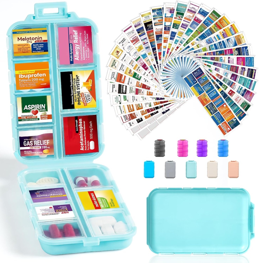 14 Grids Travel Pill Organizer Box 415-Pcs Medicine Nimi Tunnisteet - Tasku Päivittäinen farmaseuttinen Case Container Kit - Matka lääkkeiden haltija Dispender Fish Oil Vitamiini Supplement Storage - Sky Blue