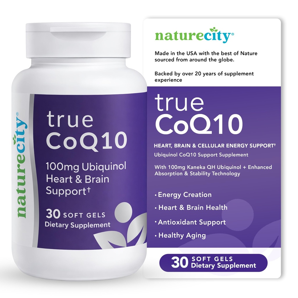 NatureCity True-CoQ10 Ubiquinol 100mg Kaneka QH CoQ10 Heart, Brain and Cellular Energy Supplement - (30 pehmeää geeliä) Aktiivinen CoQ10 Ubikinolina