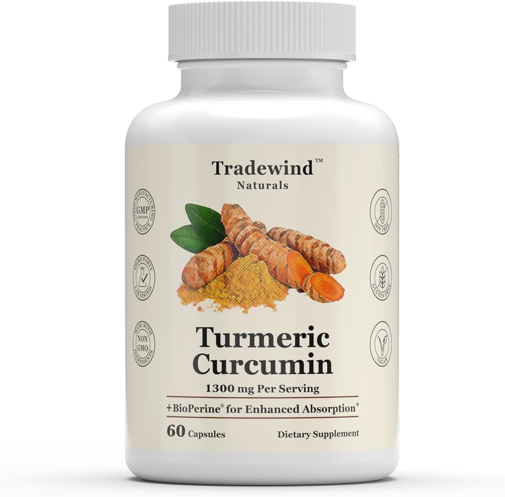 Gurkmeja Curcumin 1300mg - Premium gurkmeja med 95% Curcuminoids & BioPerine Black Pepper Extract - Förbättrad absorption - Icke-GMO - 60 Vegetabiliska kapslar - Tillverkad i USA