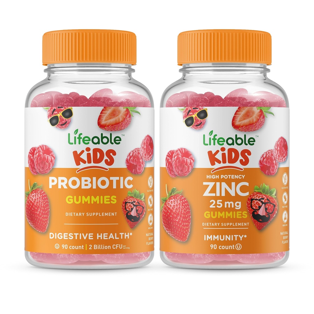Livlig probiotisk 2 miljarder CFU barn + Zink 25mg barn, Gummies Bundle - Stor smak, vitamintillskott, Gluten Free, GMO Free, Chewable Gummy
