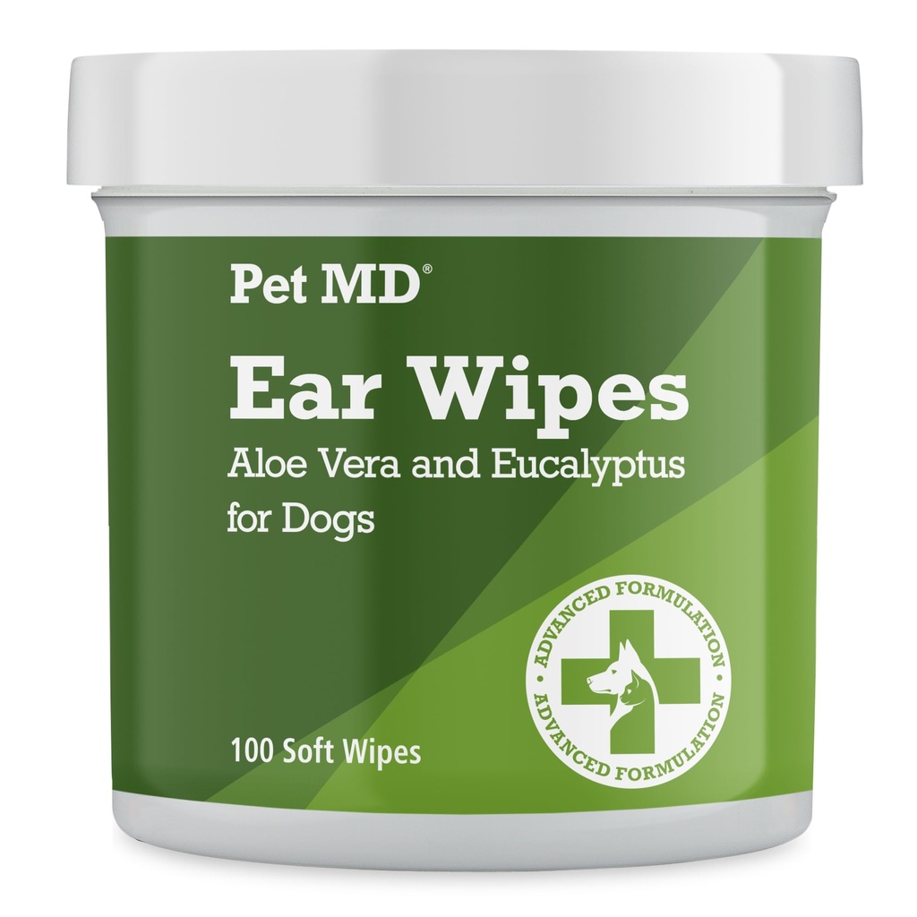 Pet MD Dog Ear Cleaning Wipes - Otic Cleanser för hundar, lugnande öronvård med Aloe Vera & Eucalyptus, reguljära torkar, 100 greve