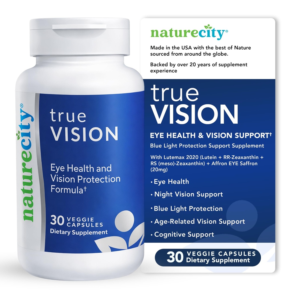 NatureCity True-Vision Eye Health Supplement - Plant-Baseed Lutein ja Zeaksantiini Korkea Potency Saffron 20mg - Sininen valo suojaa, tukea Keski-ja Yönäkö (30 kasviskapselit)