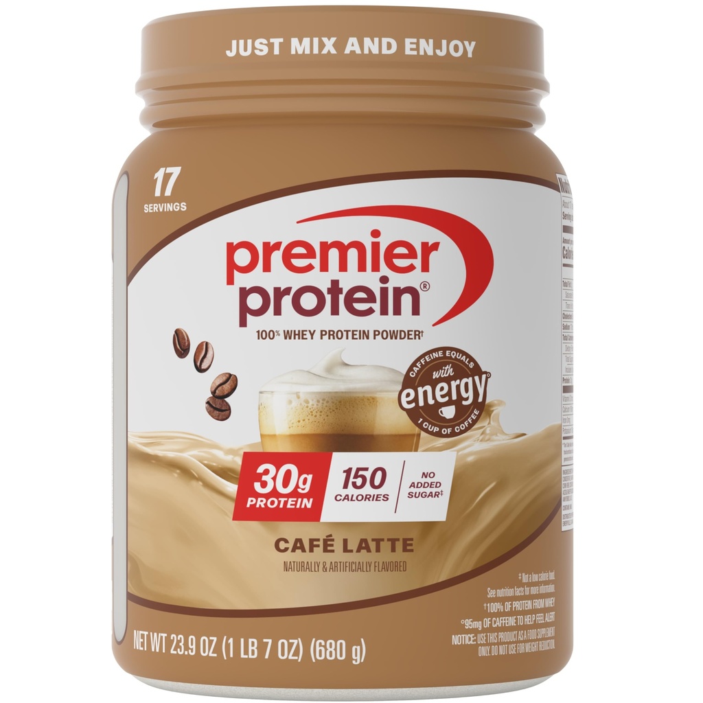 Premier Protein Powder, Café Latte, 30g Protein, 1g Sugar, 100% Whey Protein, Keto Friendly, Gluten Free, No Soy, 95mg Koffein för energi, 23,9 oz (17 portioner)