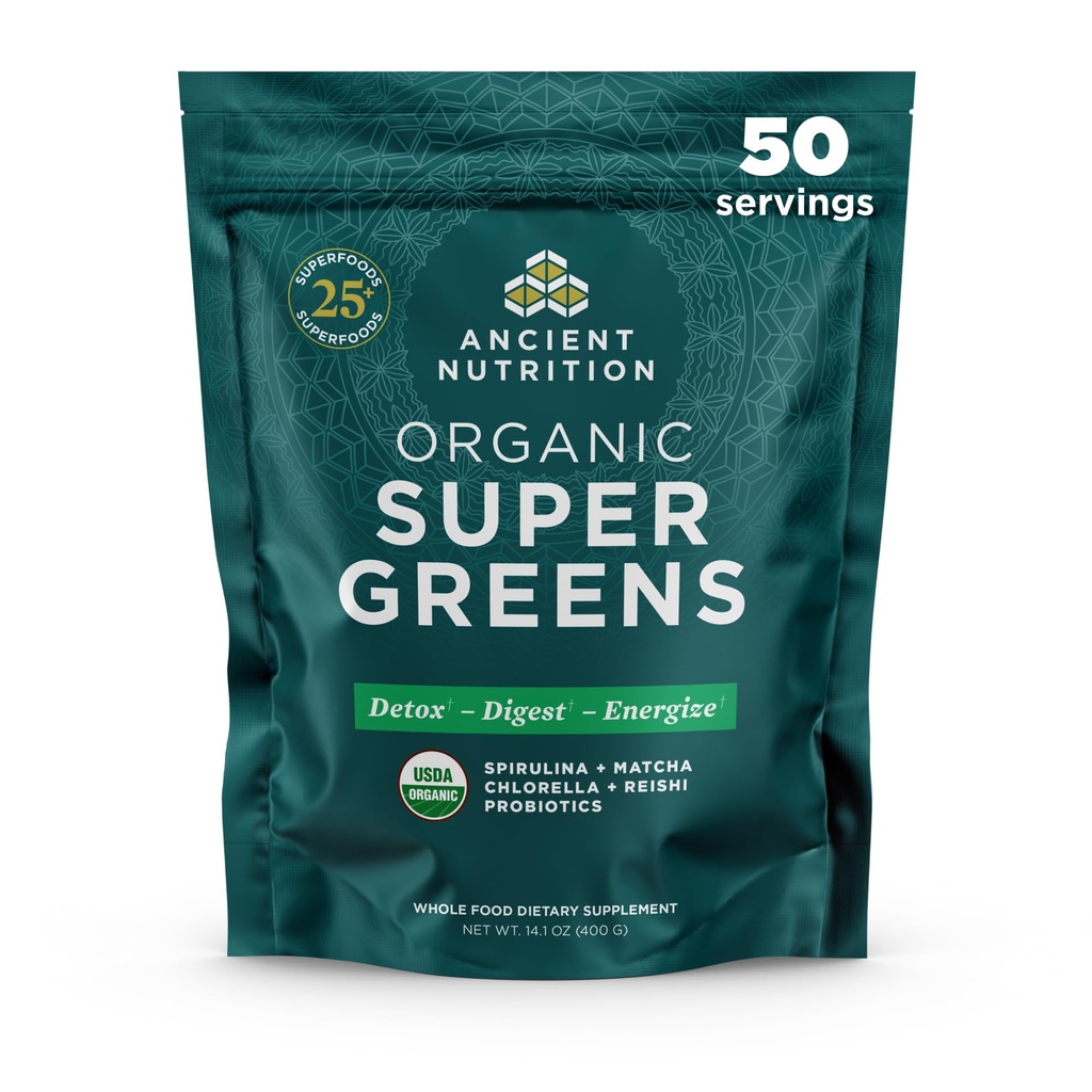 Ancient Nutrition Super Greens Powder, Organic Superfood Powder with Probiotics Made with Spirulina, Clorella, Matcha, and Digestive Enzymes, 50 Servings, 14.1 oz