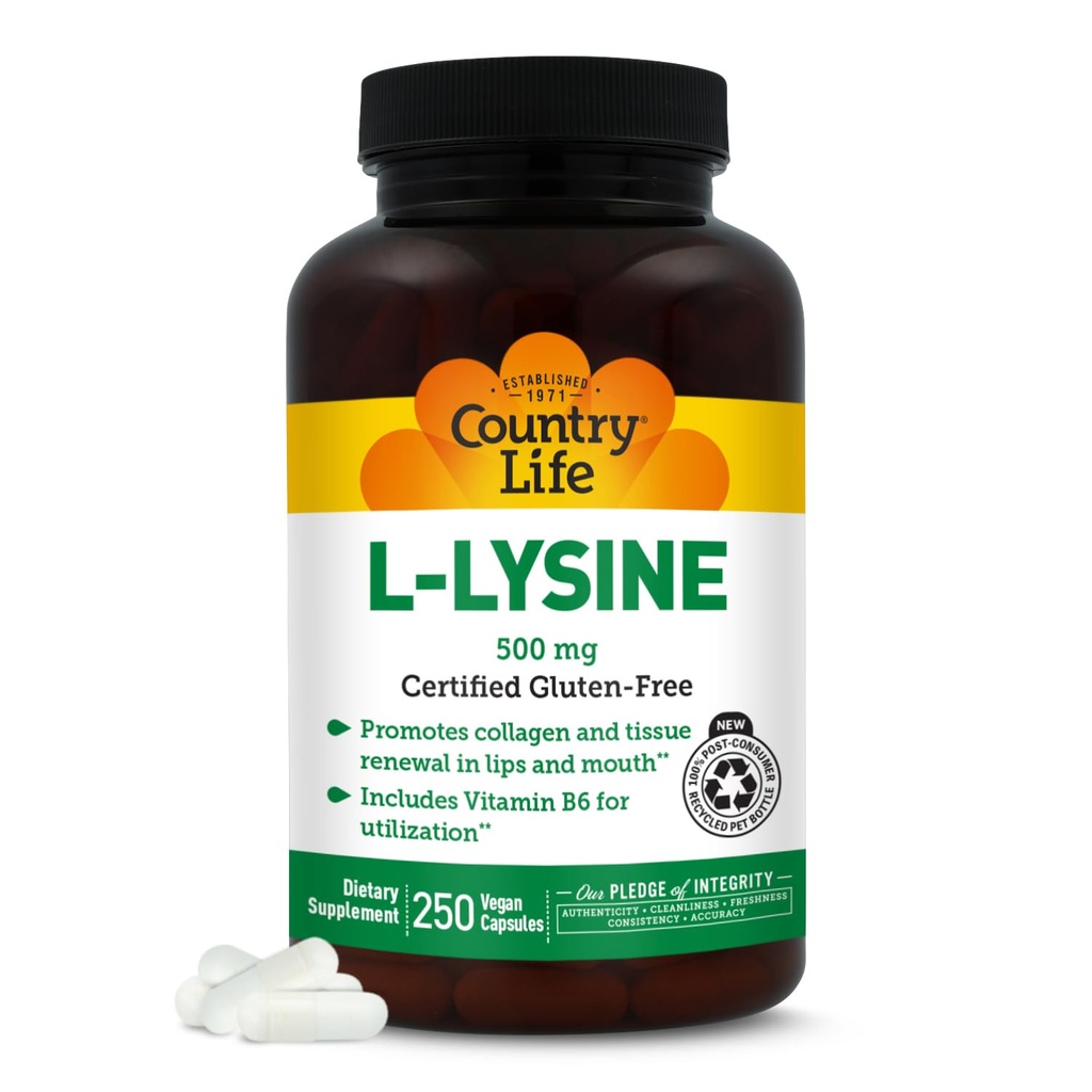 Country Life L-Lysine 500mg med B-6, stöder immunhälsa, främjar Collagen förnyelse i läppar och mun, 250 Vegan kapslar, certifierad glutenfri, certifierad vegan