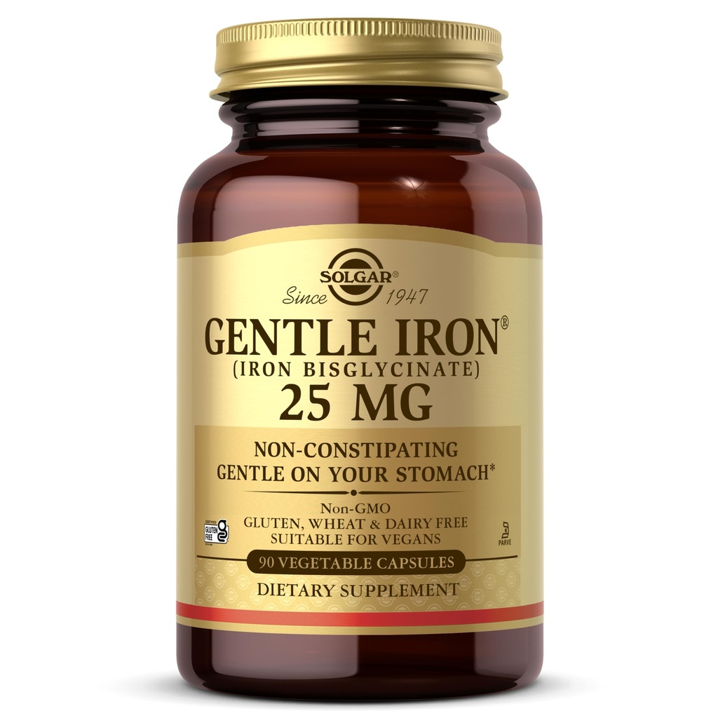 Solgar Gentle Iron 25mg, 90 Vegetable Capsules - Energi, Normal Red Blood Cell Production - Gentle på magen - Non-GMO, Vegan, Gluten Free, Dairy Free, Kosher - 90 portioner