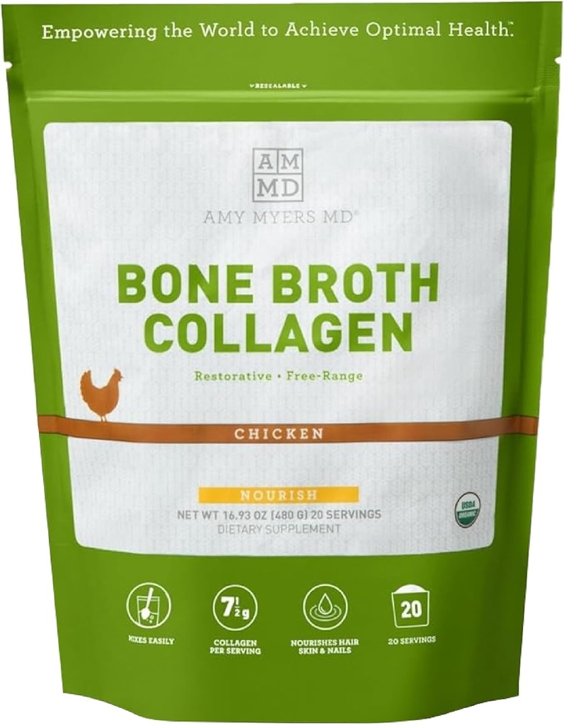 Amy Myers MD Bone Broth Collagen Powder - Organic Chicken Bone Broth - tukee terveitä iho & kynnet - Gut Health & Joint Support - 20 tarjoilua, kananmaku
