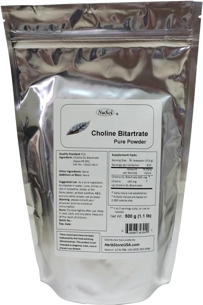 Koliini DL-bitartraatti Puhdas jauhe 500g (1, 1 lb, 17, 6 oz) Älykäs ravinne