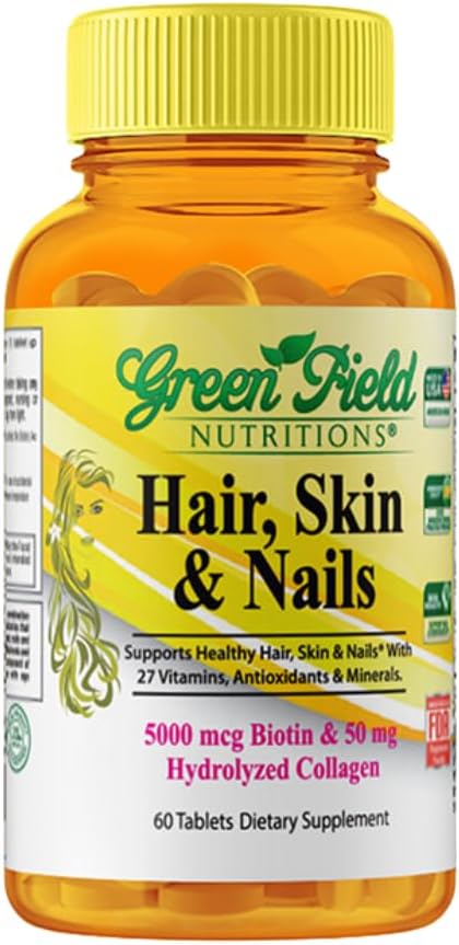Greenfield Nutritions Halal Biotin Tablet for Adult - 60 Halal Multivitamiinia hiusten iholle ja kynnet - suuri teho 5000 mcg Biotiini 50 mg Collagen ja mineraalit - Liivate Gluteeniton, ei-GMO-vitamiini