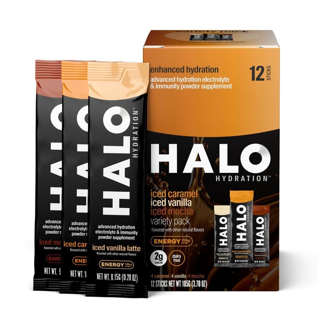 HALO Hydration ... Electrolyte Energy Drink Mix ... Hydraation Powder Packetit Variety Pack (Caramel, Vanilla, Mocha Lattes), Terveellinen laiha kahvi