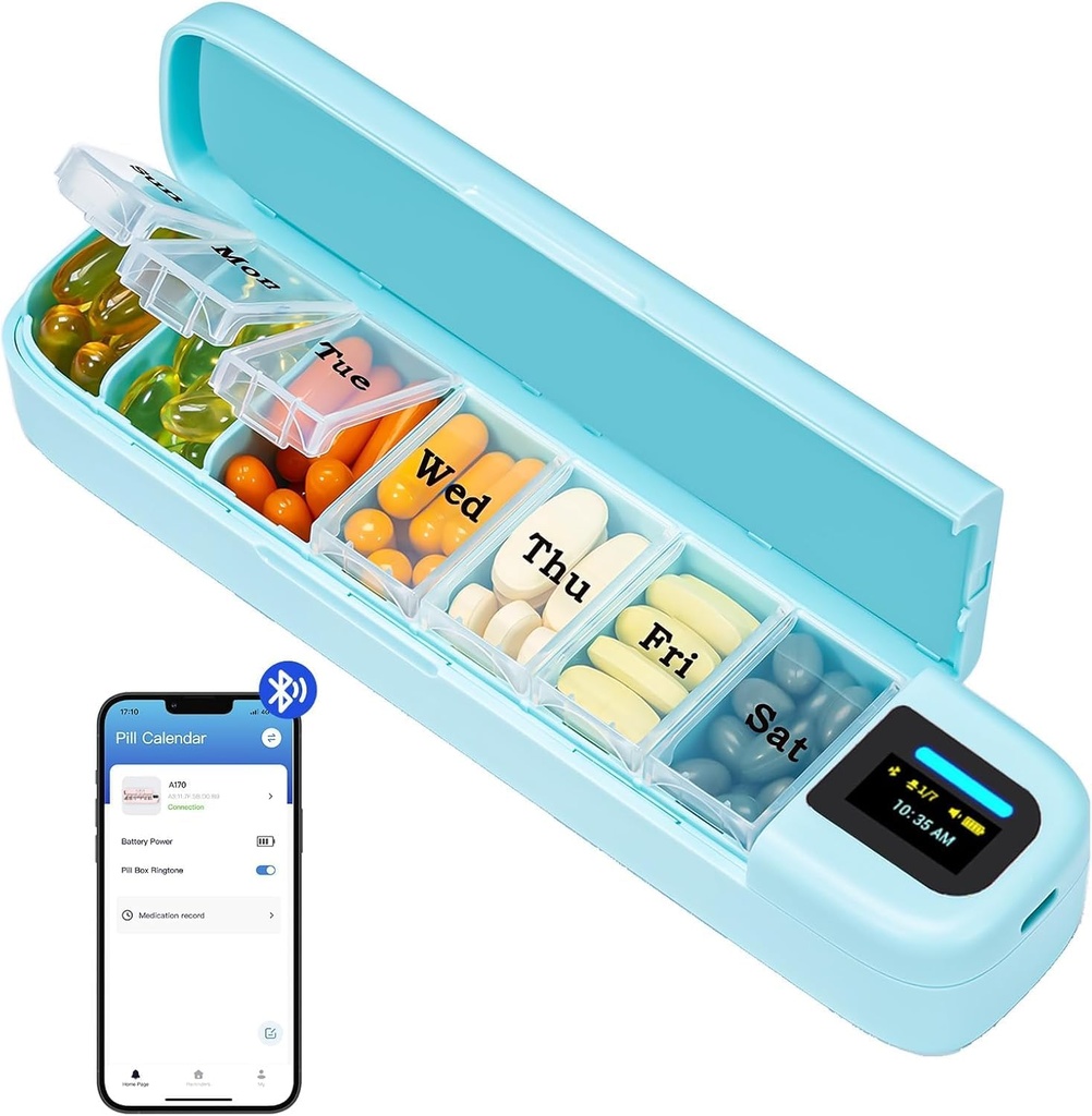 Daviky Smart Pill Organizer hälytys, Bluetooth Daily kerran päivässä pillerilaatikko 7 Päivä APP, Viikoittain matka pilleri tapauksessa, Kannettava pilleri muistutus lääkkeitä, täydentää ja vitamiineja(vihreä)