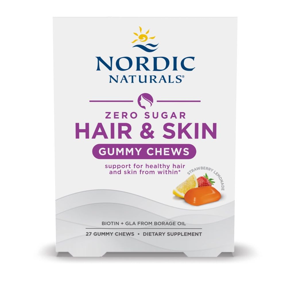 Nordic Naturals Zero Sugar Hair & Skin Gummy Chews, Strawberry Lemonade - 27 Gummy Chews - Biotin + GLA från Borage Oil - främjar hälsosam balans av fetter i huden - Non-GMO - 27 portioner