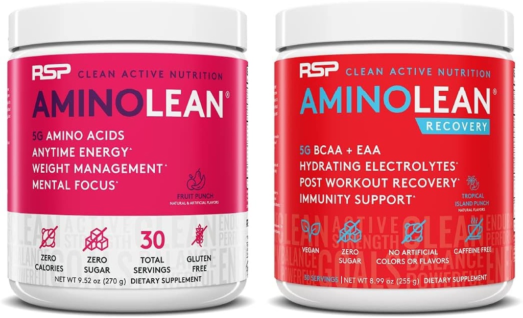 RSP NUTRITION AminoLean pre harjoitus energia (Fruit Punch 30 Servings) kanssa AminoLean Recovery Post Treenout Boost (Tropical Island Punch 30 Servings)