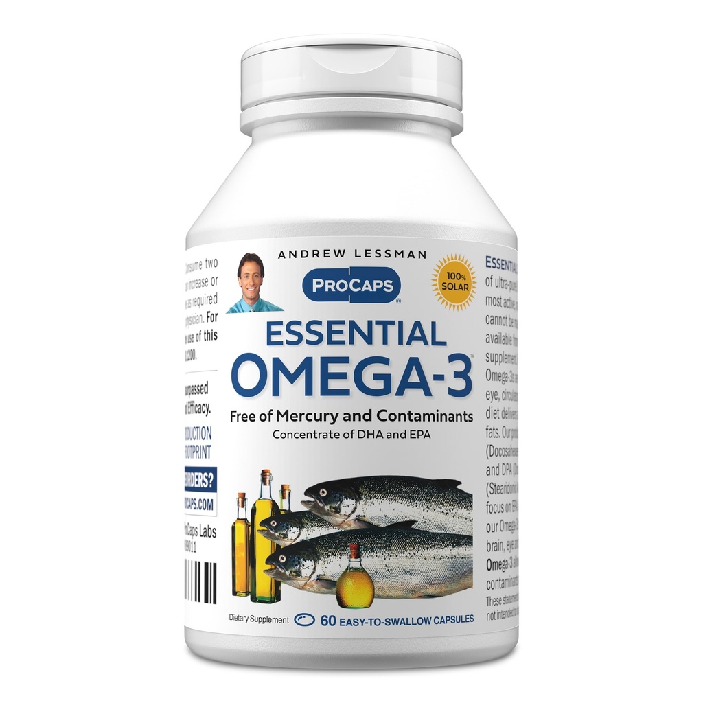 ANDREW LESSMAN Essential Omega-3 Unflavored - 60 Softgels - Ultra-Pure, High Potency Omega-3 Oljor. Hög DHA, ingen mage upprörd, inga föroreningar, ingen kvicksilver. Liten lätt att svälja Softgels