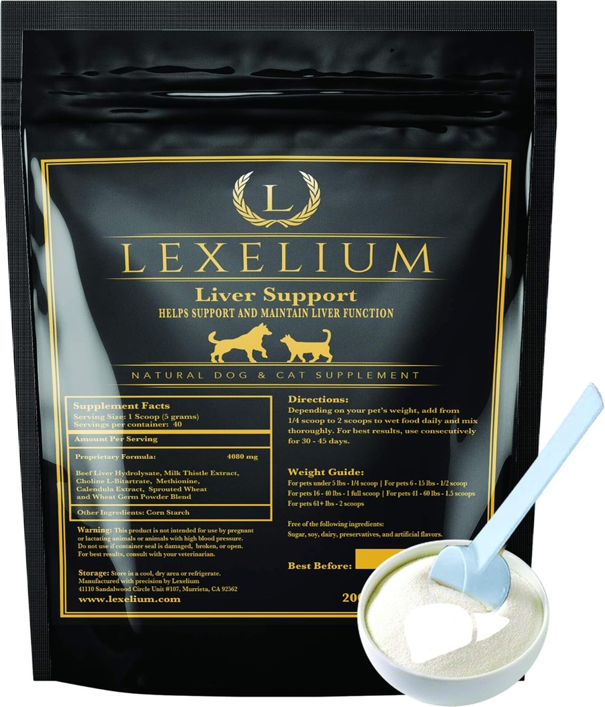 Maksan tuki täydentää koirille ja kissoille - Great for Detoxing ja auttaa Munuaisten, maksan ja ihon toiminta - Cat Liver Support - Maito Thistle + Lysiini + Koliini Bitartraatti + Metioniini 200g