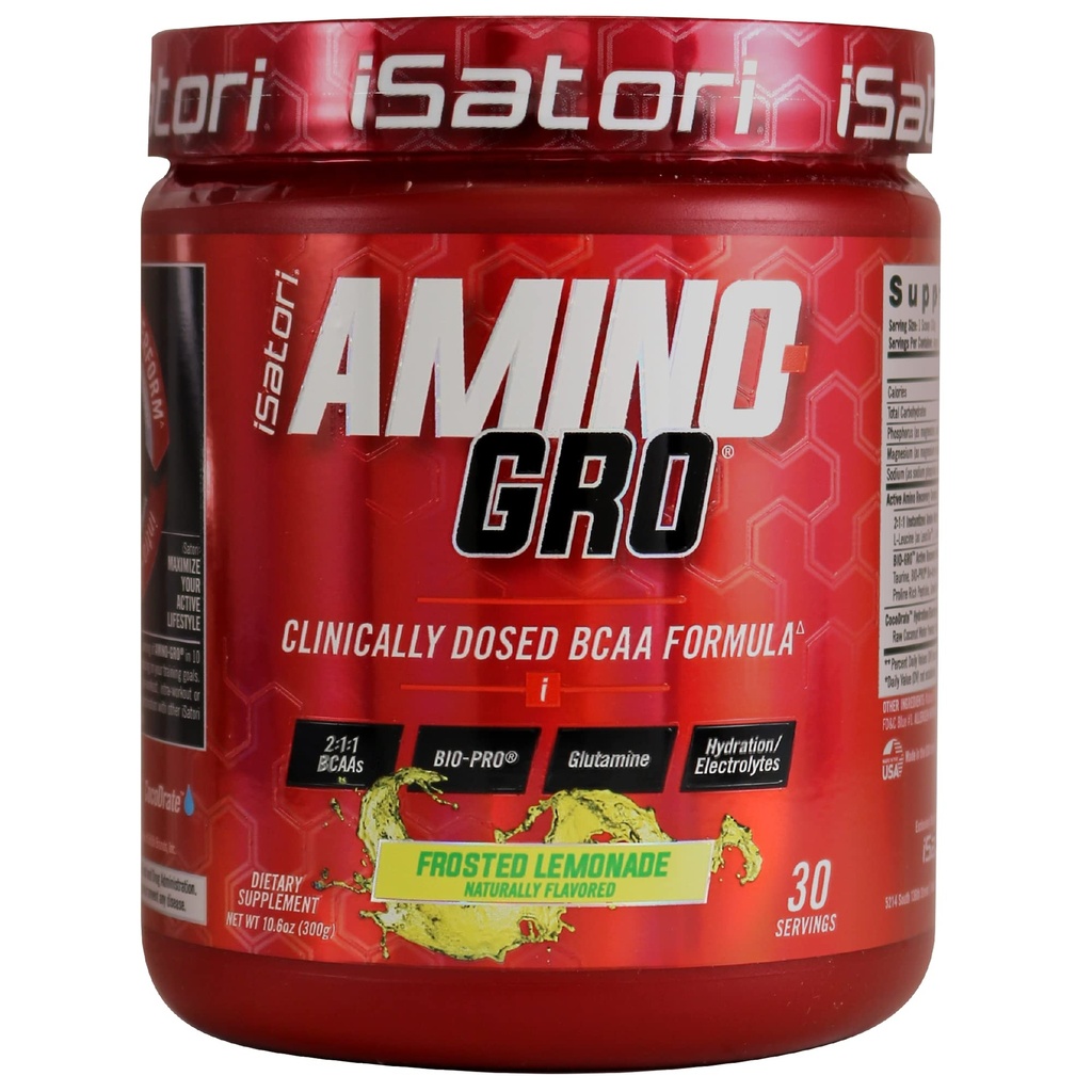 iSatori Amino- GRO BCAA Powder, haaraketjuiset Aminohapot glutamiinin kanssa, Electrolyte Powder & Bio-GRO Bio-Active Peptides for Muscle Growth & Post Treout Recovery, Frosted Limonade (30 Servings)