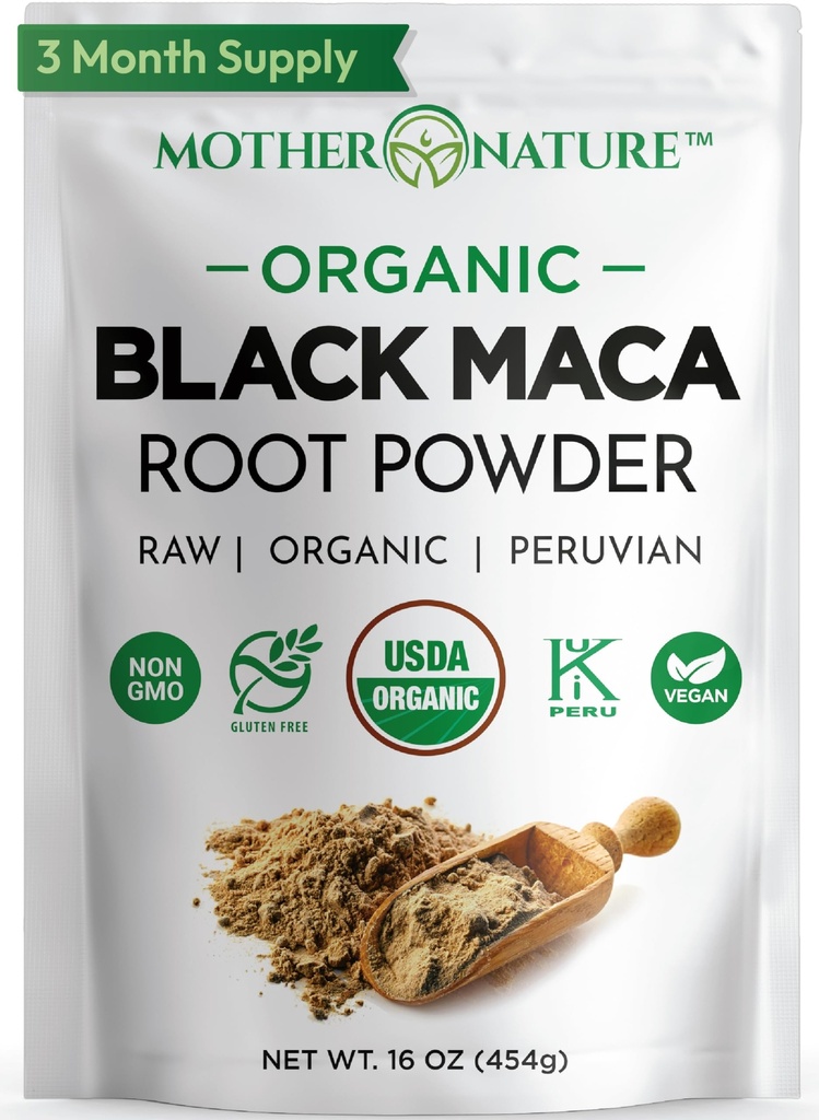 Organisk, Raw Peruvian Black Maca Root Powder - Premium USDA-certifierad, idealisk för män och kvinnor, öka träningen, förbättra muskelåterhämtning, icke-GMO, Vegan Superfood, 16 oz