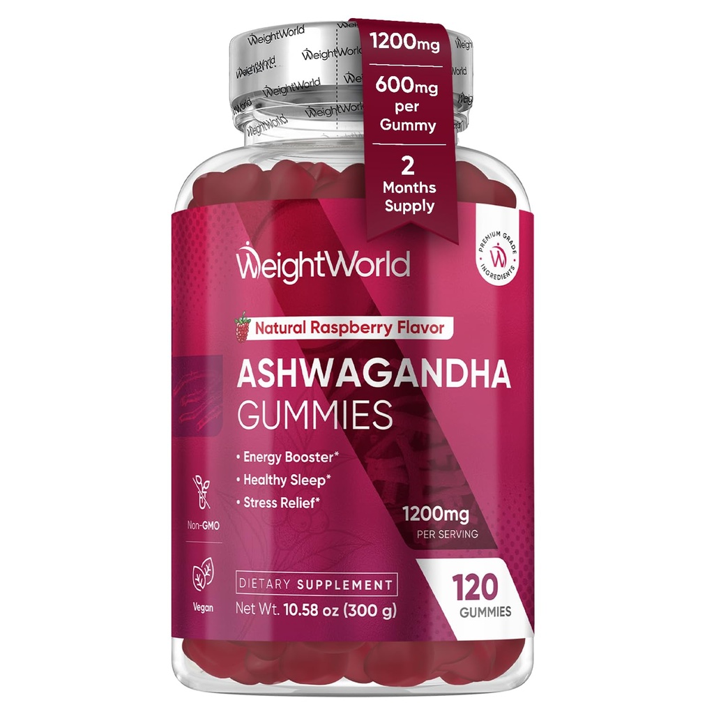 WeightWorld Ashwagandha Gummies för kvinnor och män 1200mg - 120 Gummies (2-månaders leverans) - Ashwagandha Supplement Gummies för energibooster, hälsosam sömn och stressavlastning - Vegan & Gluten-Free