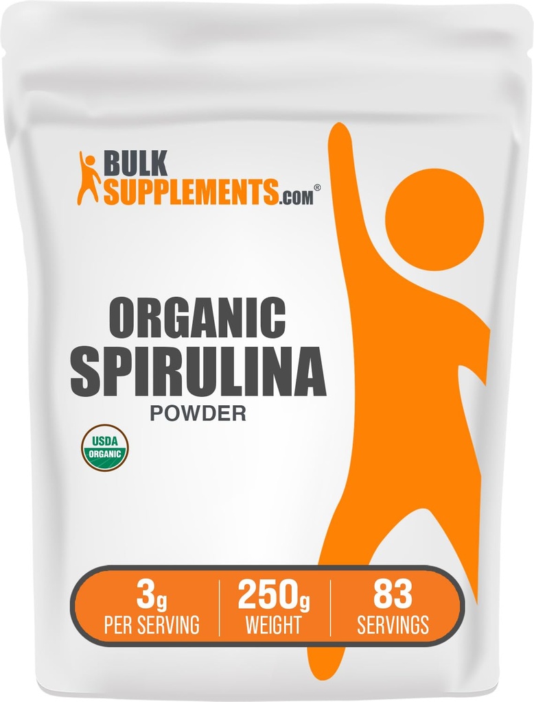BulkSuplements.com Organic Spirulina Powder - Superfood, Green Spirulina Powder, Herbal Supplement - Vegan-Friendly, 3g per Serving, 250g (8.8 oz) (Pakkaus 1)