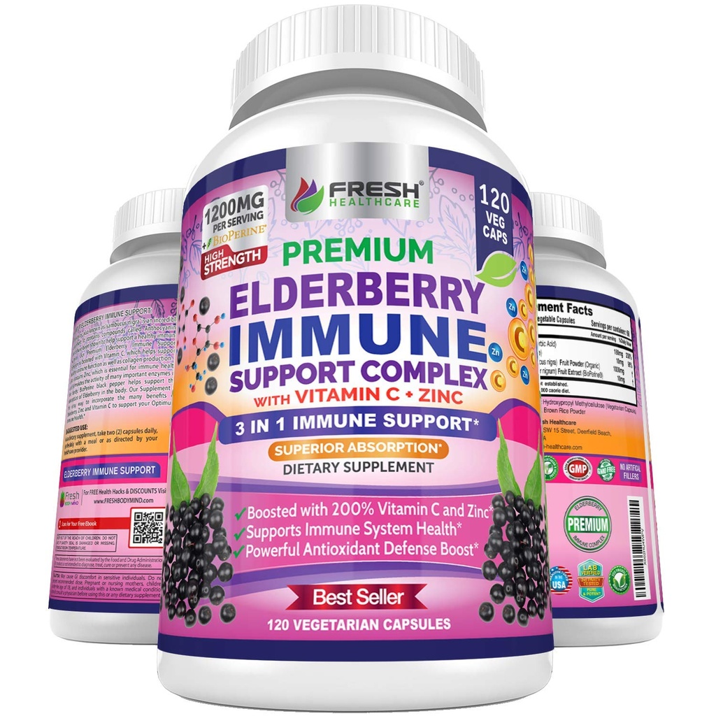 FRESH HEALTHCARE Elderberry Capsules - High Potency Black Elderberry med Zink & Vitamin C - Premium 3-i-1 Immun Support Vitaminer för vuxna