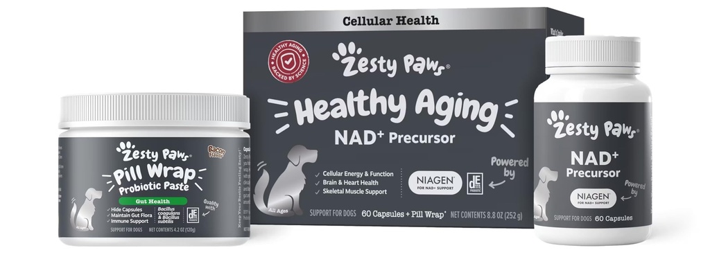 Zesty Tassut NAD+ Precursor täydentää koirille - Niagen terve ikääntyminen ja luuston lihasten tuki & Recovery - aivot, sydän, & solumainen energia tuki - nikotinamidi Ribosidikloridi - 60 kapselia