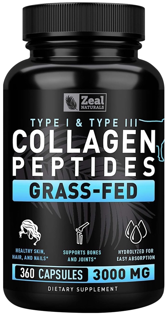Zeal Naturals Collagen Peptides Collagen Pills (360 kapselia) Grass Fed Collagen Pepetide Powder - Hydrolysed Collagen Powder for JointTendon täydentääHair Skin and Nails -