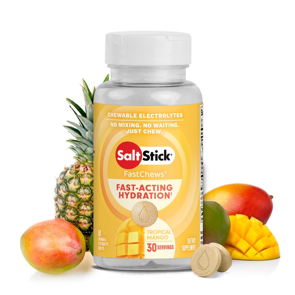 SaltStick Electrolyte FastChews - 60 Tropical Mango Chewable Electrolytes - Salt Tabletit juoksemiseen ja nesteytys, Electrolyte Chews - 60