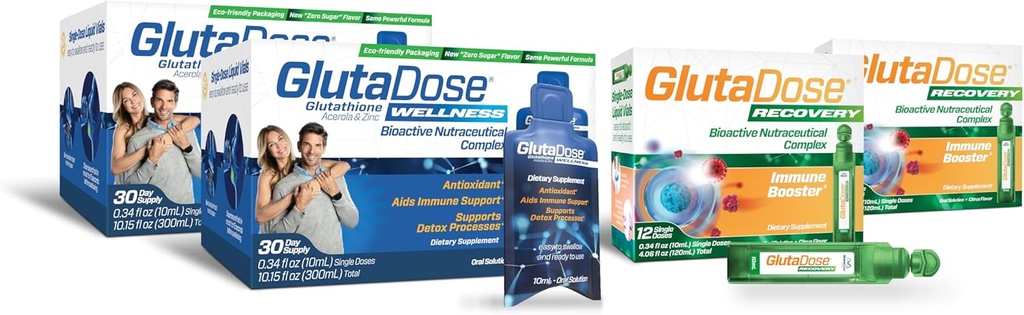 GlutaDose Ultimate Immune Boost & Daily Detox Bundle, Cold & Flu Recovery, Immune & Energy Support, Glutathione, Astragalus, Echinacea, Acerola (1 000 mg Blend), Selenium, Zink, Liquid Supplements