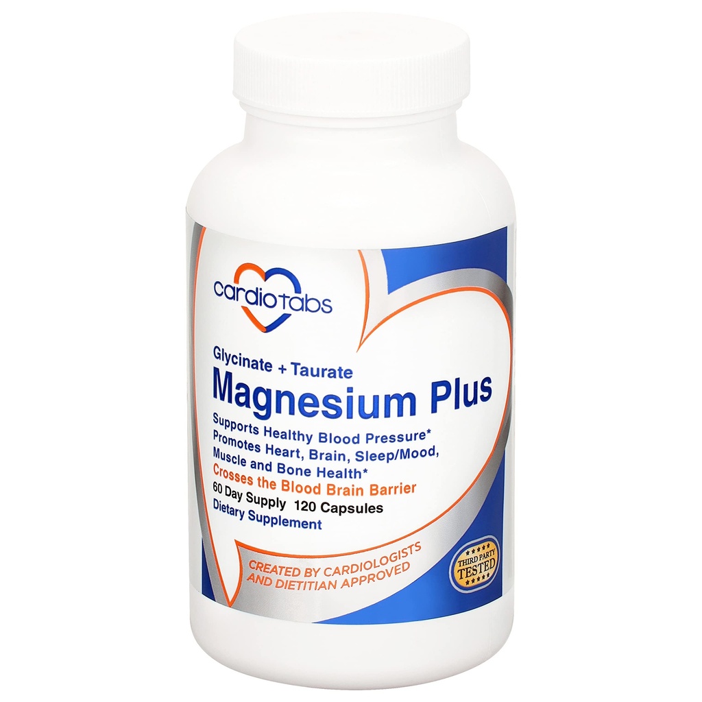 Magnesium Plus - 200 mg magnesiumglycinat och magnesium taurat för blodtryck, hjärta, hjärna, sömn och humörstöd - högt koncentrerad och väl absorberad - 120 kapslar