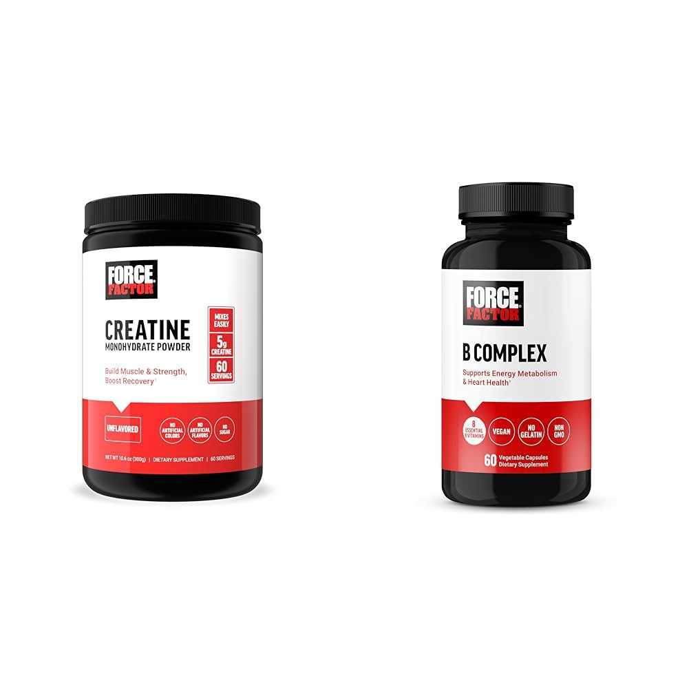 Force Factor Kreatinpulver 60 portioner och vitamin B Komplex 60 kapslar Bundle för muskelvinst, styrka, energi och snabbare återhämtning