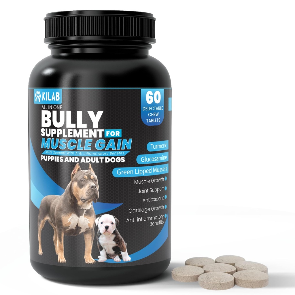 Kilab Dog Weight Gainer - 60-Count Muscle Builder Dog Supplement - Muscle Growth Supplement för hundar, valpar och vuxna - Bully Growth Formel med gurkmeja, Glukosamin, grönt Lipped Mussels