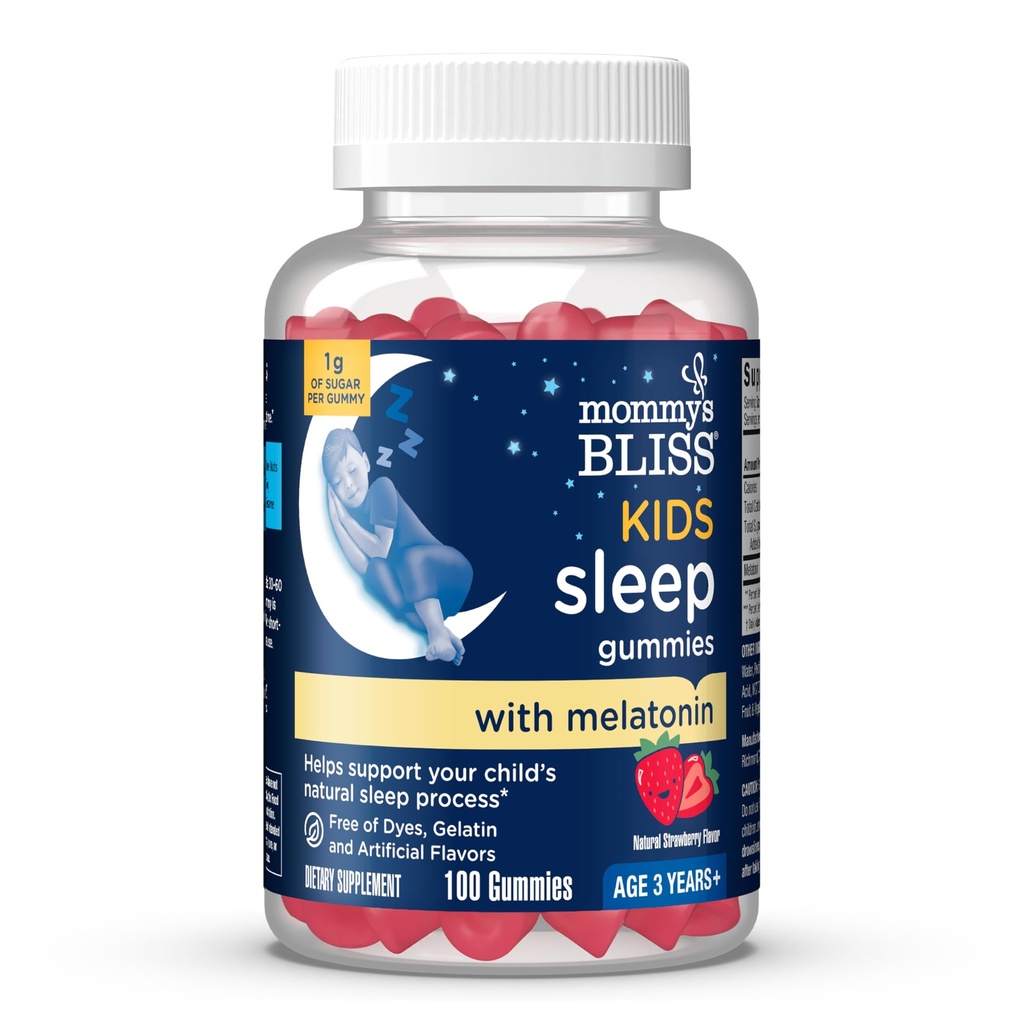 Äidin Bliss Kids Sleep Melatoniini Gummies, Non Habit-Foming ilman keinotekoisia värejä, makuja tai liivate - Ikä 3 Vuotta+ - Mansikka maku - 100 Unelma Gummies
