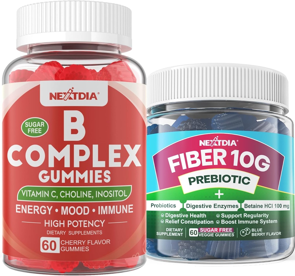 2 Pack Methylated B-vitamiini Complex + 1 pakkaus sokeritonta 10g Prebioottikuitua täydennysosa, Gummies aikuisille