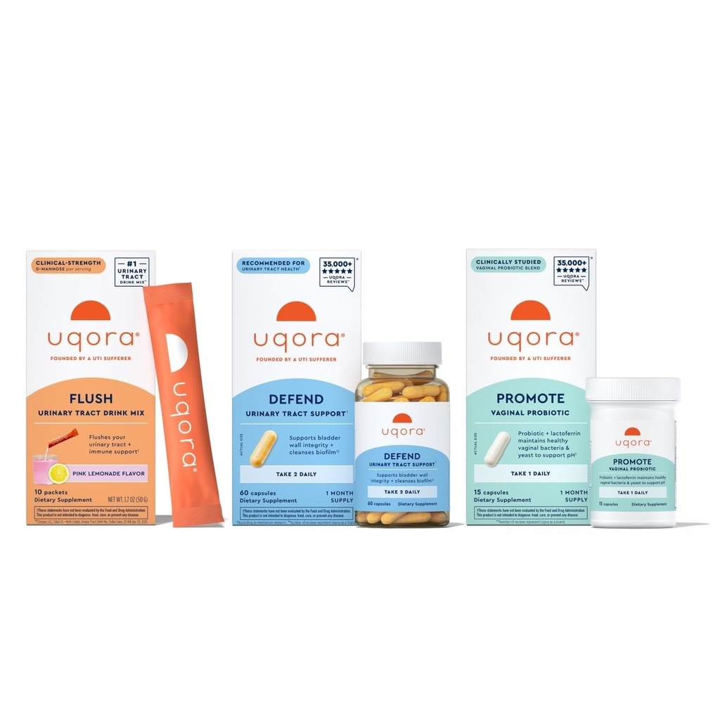 Uqora Complete regimen with Flush, Defend & Promote - virtsateiden tuki D-Mannose, C-vitamiini, vihreä teeuute, Probiootit & enemmän - Kattava virtsarakon terveystuki* - 3-osa Bundle