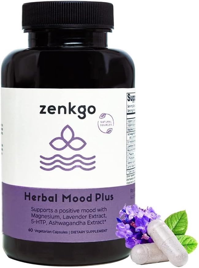 Zenkgo Ashwagandha, 5-HTP, Laventeli, Mucuna, L-tryptofaani - Mielen tuki täydentää, kasvi-Baseed, Herbal Mood Plus auttaa rauhallisen mielen ja stressin lievittäminen, emotion Blavalance, Positibility (60Ct/30Day)