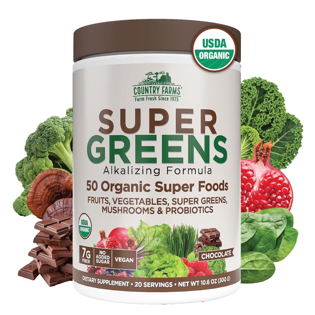 Country Farms Organic Super Greens Chocolate Flavor, 50 Organic Super Foods, USDA Organic Drink Mix, packad med fiber, frukt, grönsaker, svamp & probiotika, stöder energi, 7g Fiber