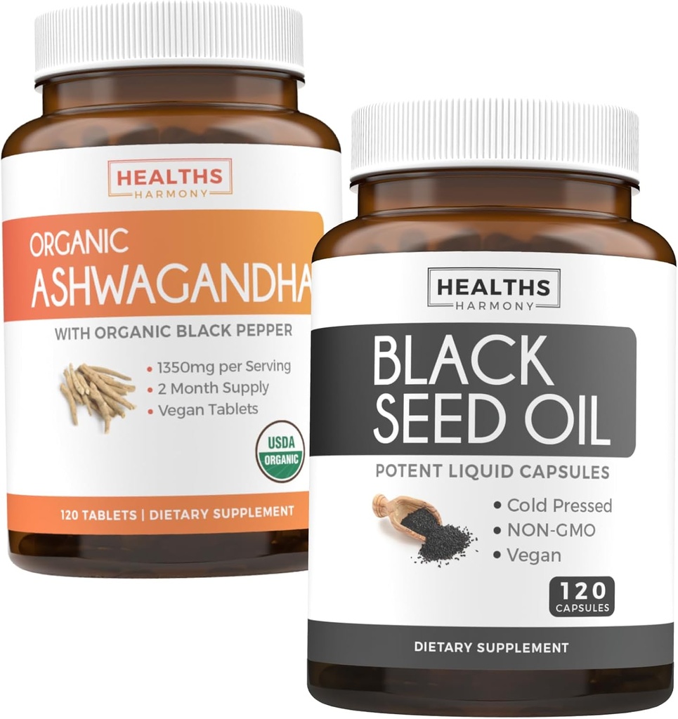Black Seed Oil & Organic Ashwagandha - Uusi & lataa Bundle - Black Seed Oil - 120 Soft-gel kapselit (ei-GMO & kasvissyöjä) ja Organic Ashwagandha juurijauhe 1350 mg tarjoilla (120 tablettia)