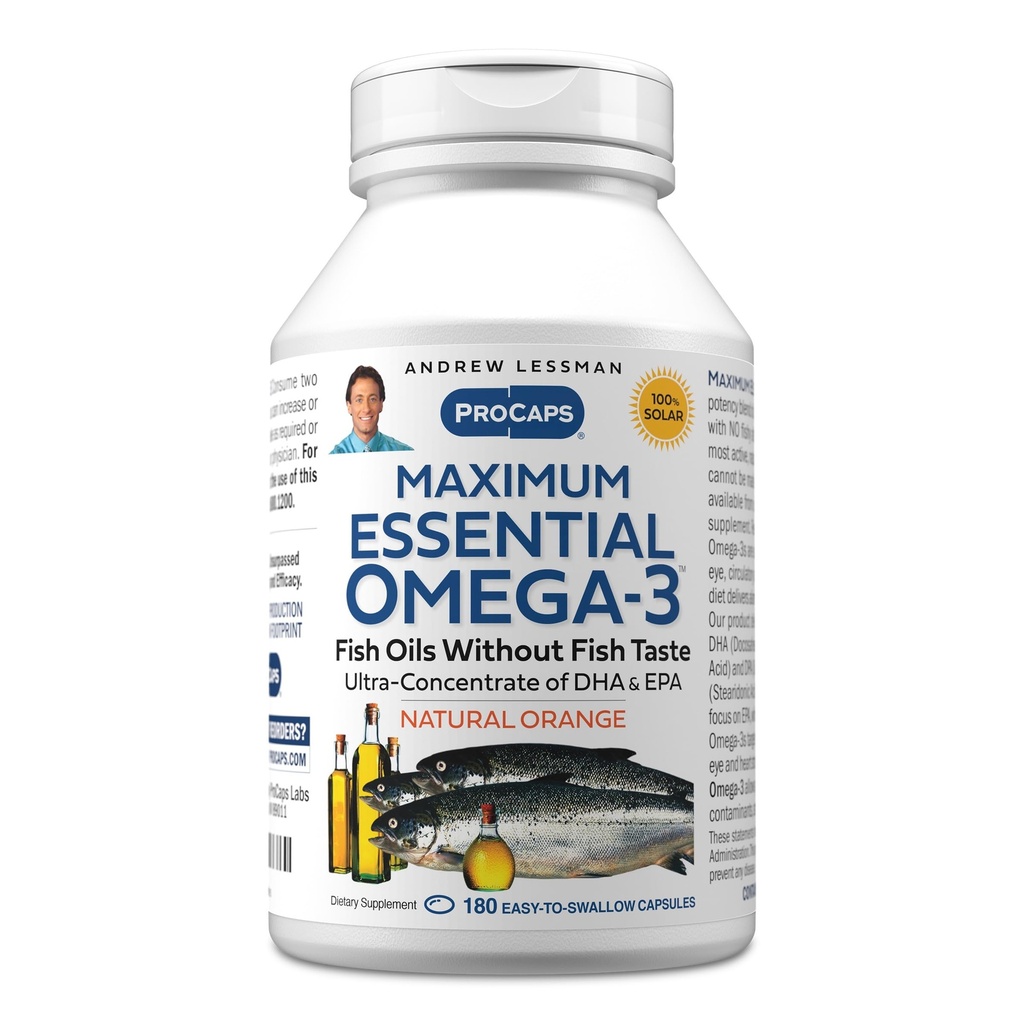 ANDREW LESSMAN Maximum Essential Omega-3 Orange - 180 Softgels - Ultra-Pure, High Potency Omega-3 Oils. Korkea DHA, ei vatsavaivoja, ei tuholaisia, ei elohopeaa. Pieni Helppo niellä Softgels