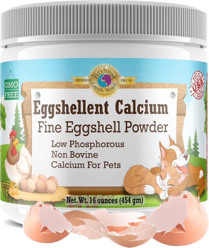 Kalcium för hundar och katter - Fin äggskalpulver - Stark Hip & Joint Supplement för hundar och katter - Kosttillskott - Inga tillsatser - Pets vän Eggshellent Calcium 16oz