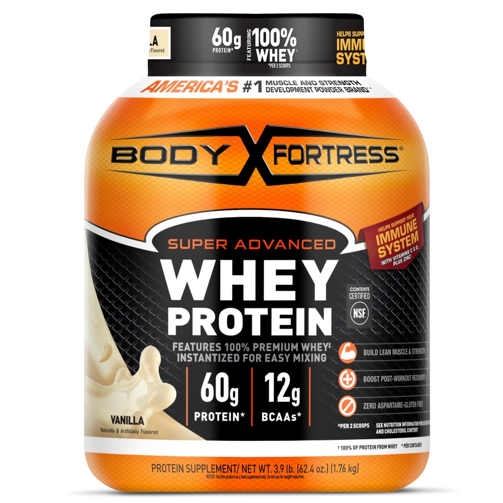 Body Fortress Super Advanced Whey Protein Powder, Vanilla, Immuno Support (1), Vitamiinit C & D Plus Sinkki, 3,9 lbs.
