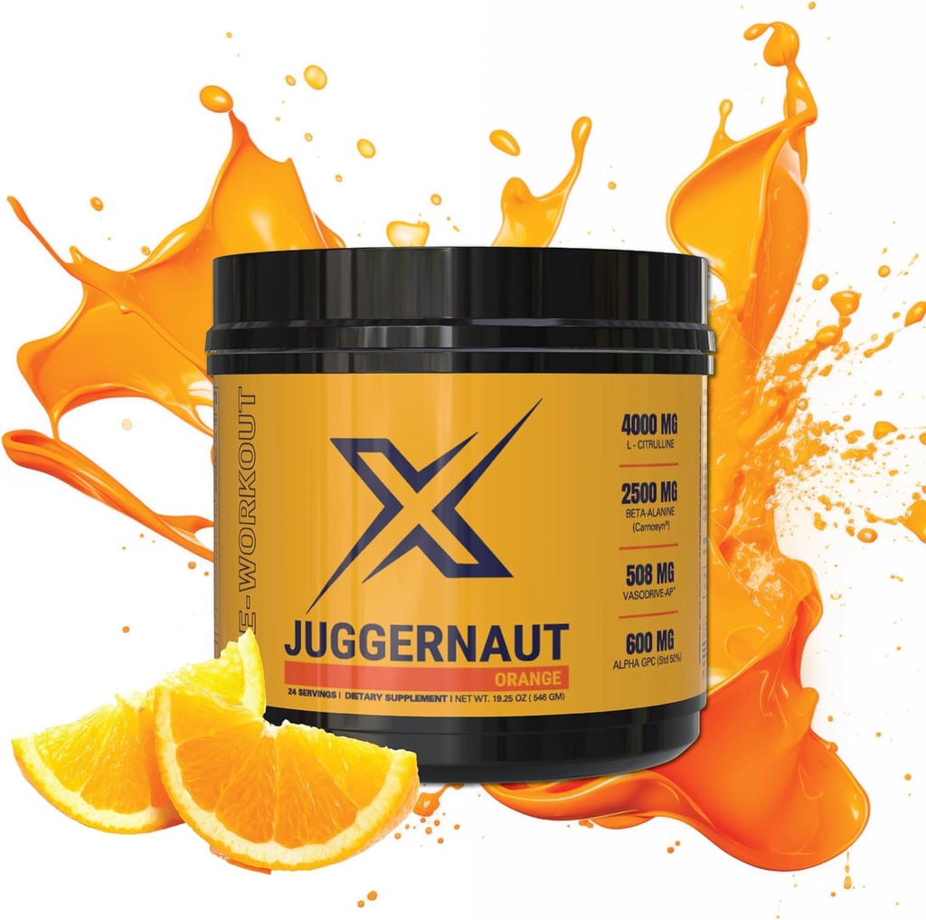 Juggernaut X Pre-Workout Supplement (Orange) - Boosts Strength, Endurance,Energy - L-Citrulline, Beta-Alanine, Creatiini, parannettu VasoDrive verenpaineen tukea - 30 Servings