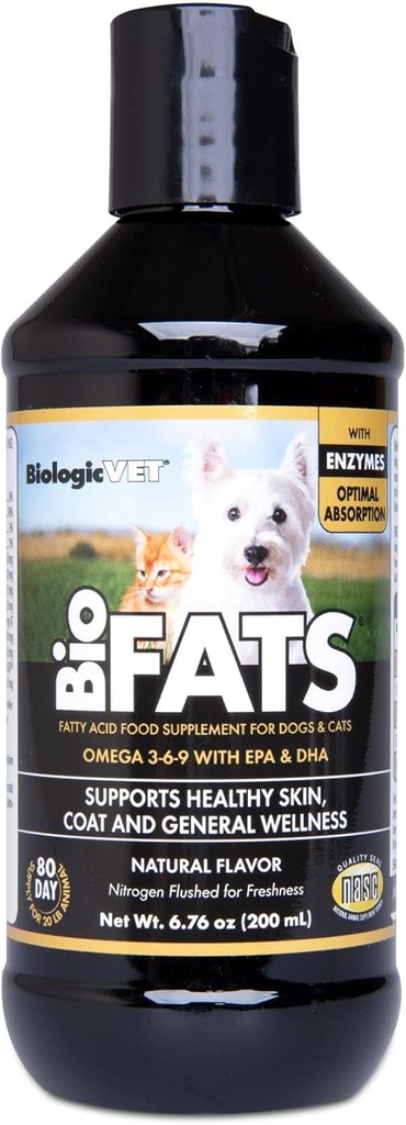 BiologicVET BioFATS - Innehåller Omegas 3, 6 & 9 - med EPA, DHA & ALA - för Dog & Cat - Skin & Joint Health Support - Inkluderar fisk, Flaxseed & Olive Oil - 6,76 fl. oz.