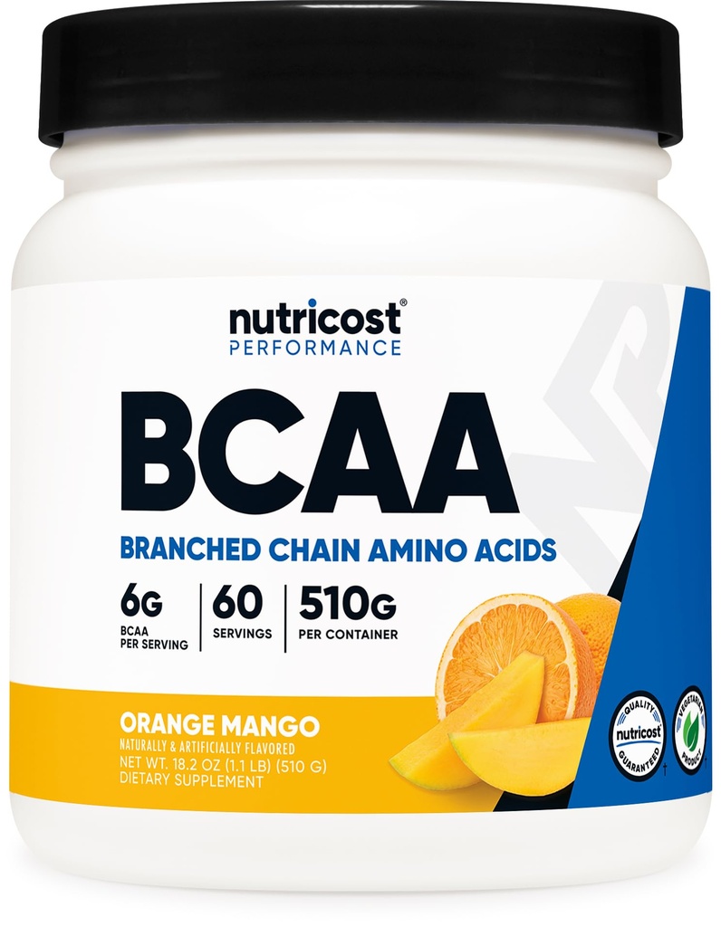 Nutricost BCAA Powder (Orange Mango, 60 tarjoilua) - 2:1:1:1 Optimaalinen suhde, gluteeniton, ei-GMO, kasvissyöjä