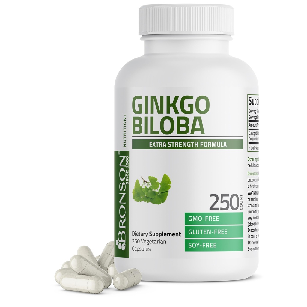 Bronson Ginkgo Biloba Extra Strength tukee aivojen toimintaa ja muistitukea, 250 kasvissyöjän kapselia