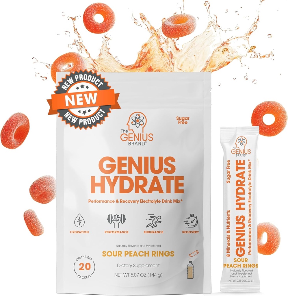 Genius-tuotemerkin hydraatti - Elektrolyytti-lisäaine päivähydraatioon - Kookosvesi - Sokeriton - 8 Essential Minerals & Nutrients - Ei-GMO - Hapan persikkarenkaat - 20 tarjoilua