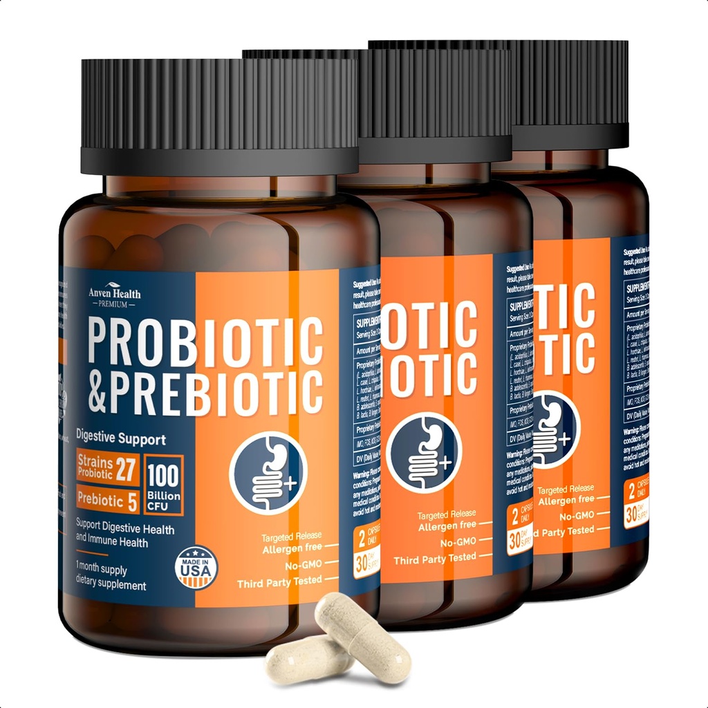 100 miljarder probiotika för män och kvinnor 27 stammar 5 organiska prebiotika för gut Digestive & Immune Health, stöder Diarrhea Gas Bloating, Non-GMO, Zero Fillers - Made in USA 180 Caps