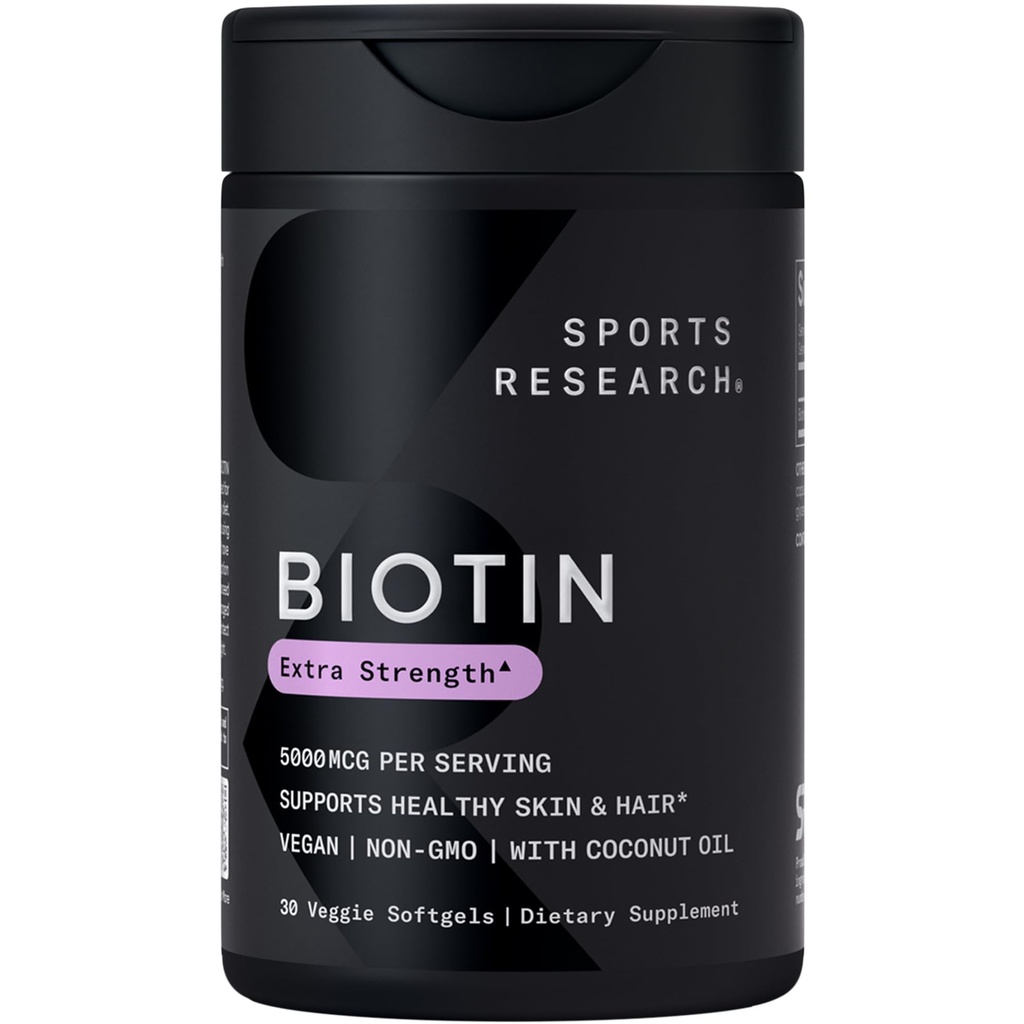 Sports Research® Biotin 5 000 mcg luomukookosöljyllä - Biotin (B7) terveelle iholle ja hiuksille* - naisille ja miehille - Vegaani, ei-muuntogeeniselle organismille, gluteenille ja soijattomalle - 30 kasvispehmikset